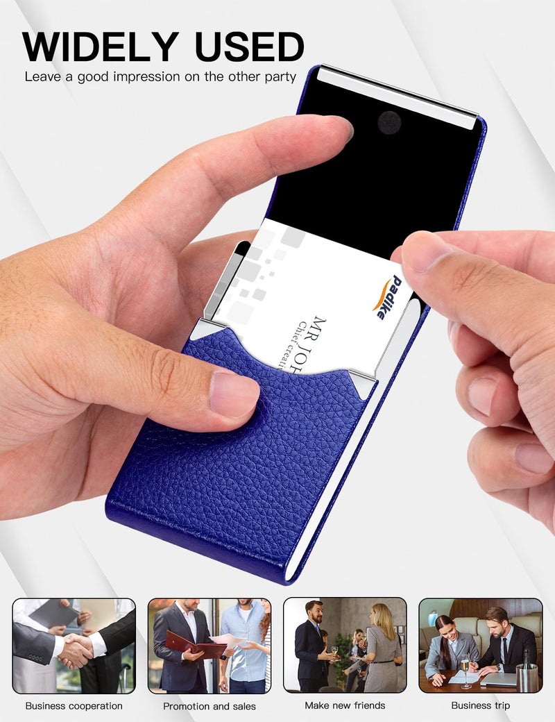 Padike Professional Business Card Holder PU Leather Business Card Case Name Card Holder Slim Metal Pocket Card Holder with Magnetic Shut (Blue) - Image 5